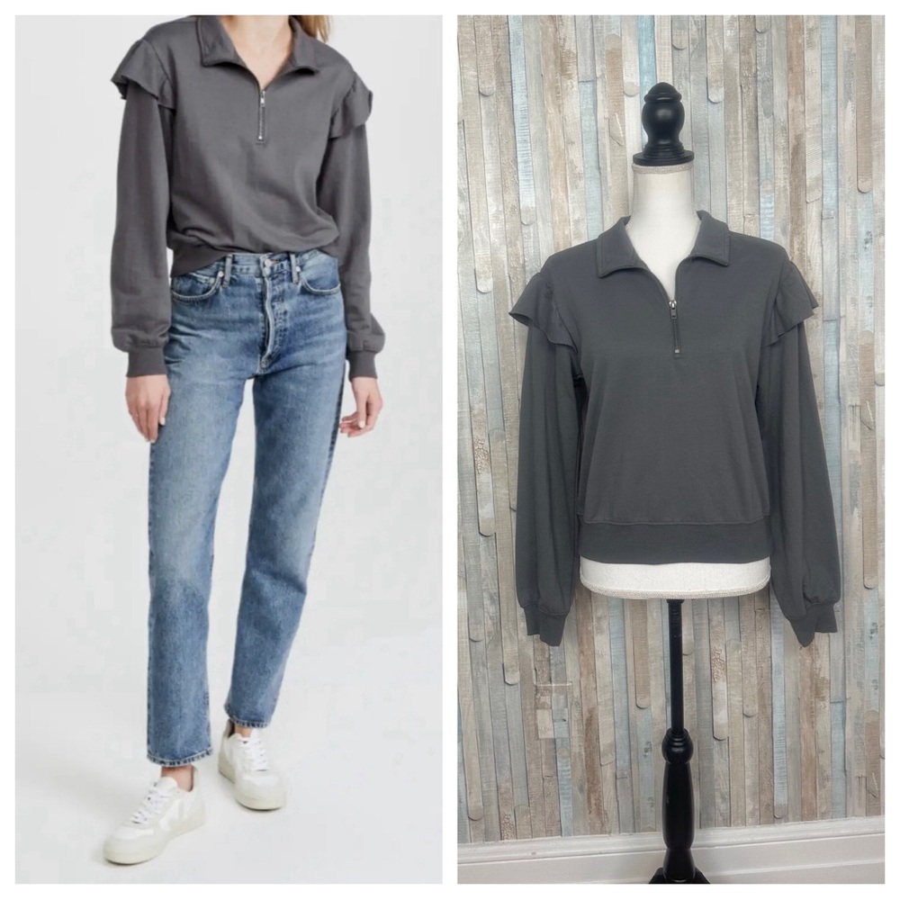 New Z‎ Supply S Gray Nora Half Zip Ruffle Shoulder Pullover Top Sweatshirt NWT